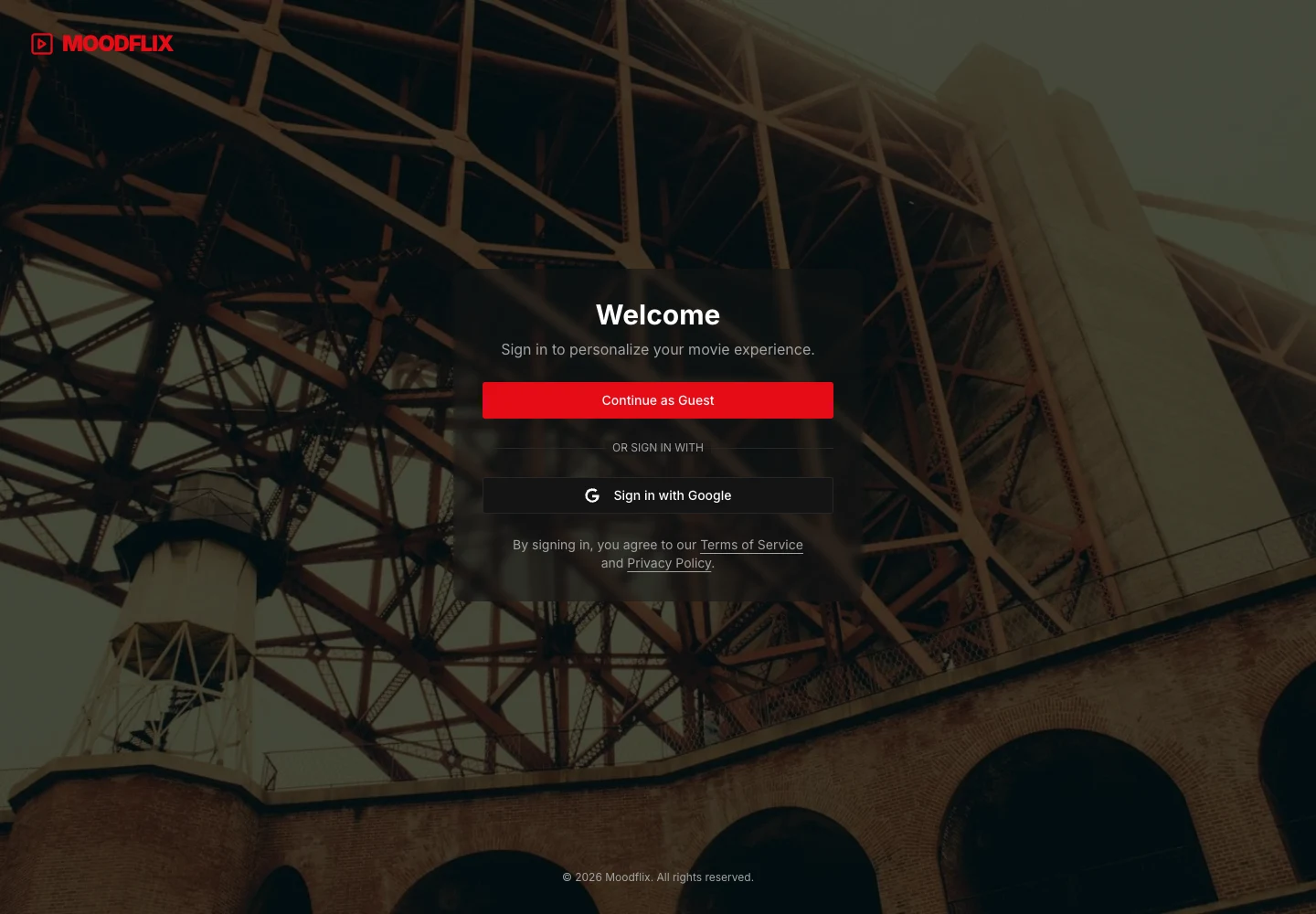 Moodflix’s main welcome page with guest access and sign-in options.