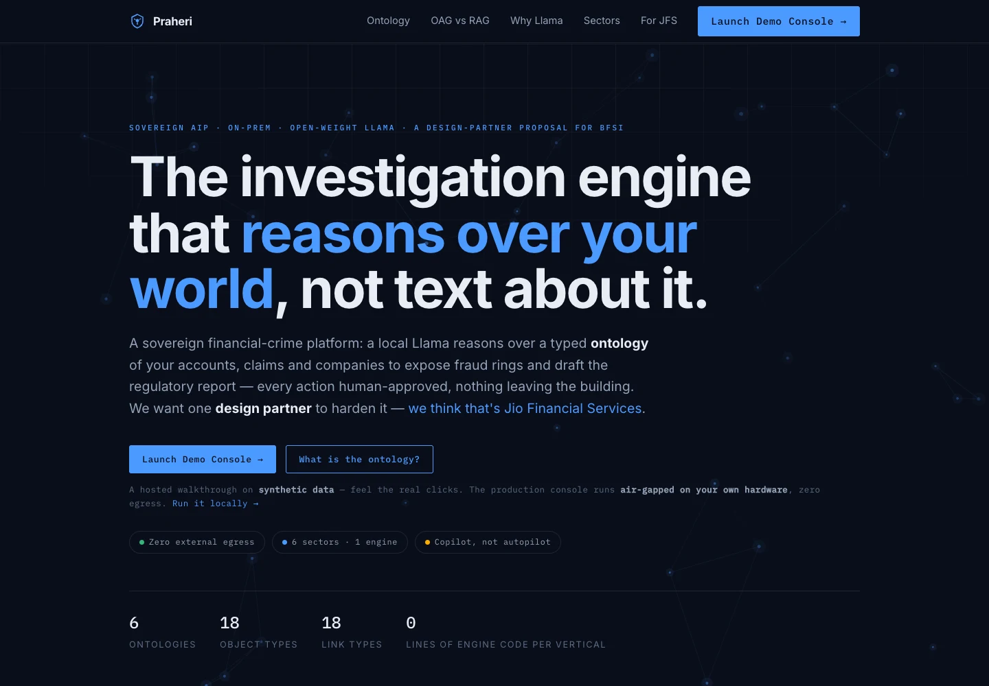 Praheri’s main product overview page introducing its investigation engine.