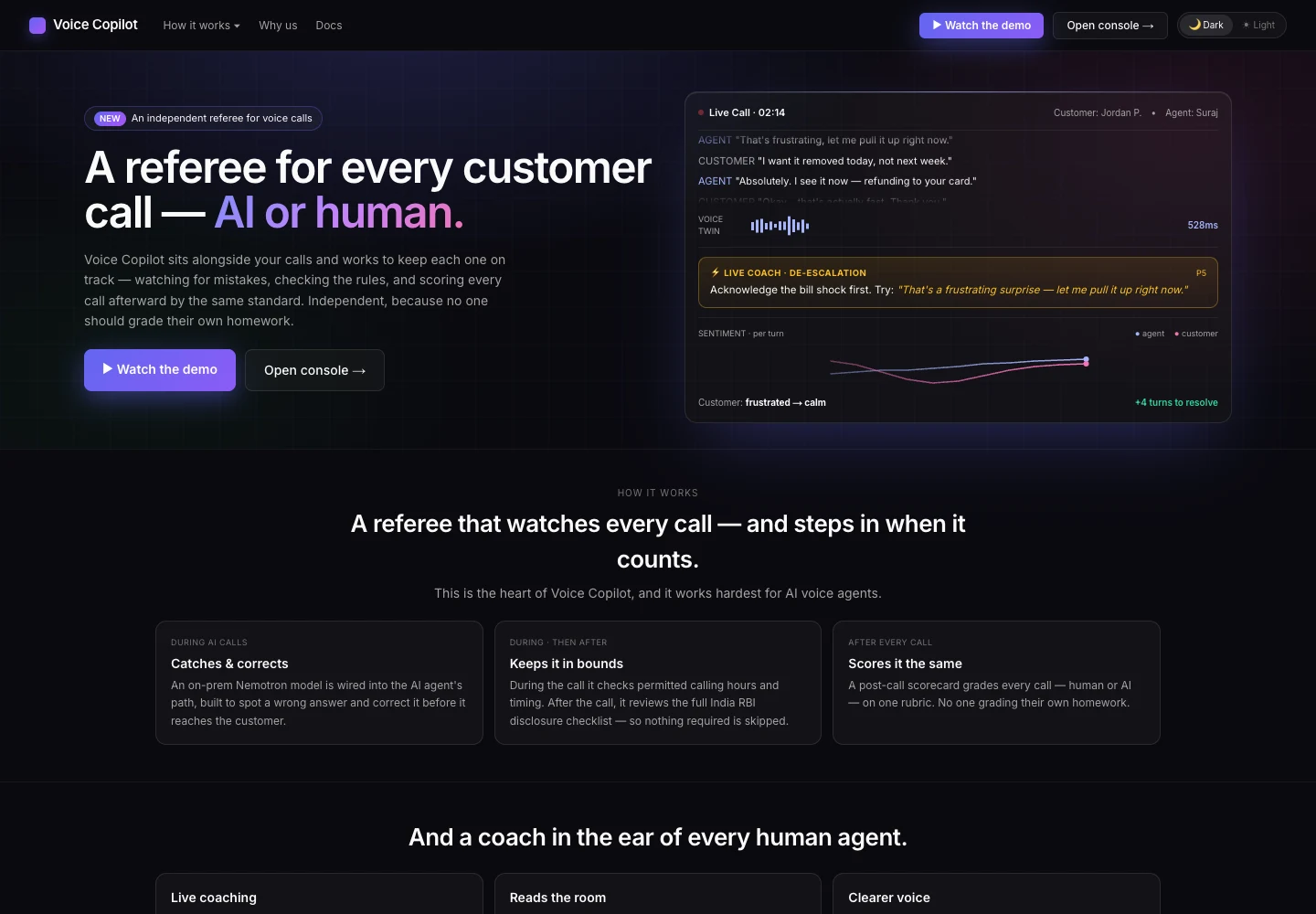 Voice Copilot’s main landing page introducing its call evaluation and coaching product.